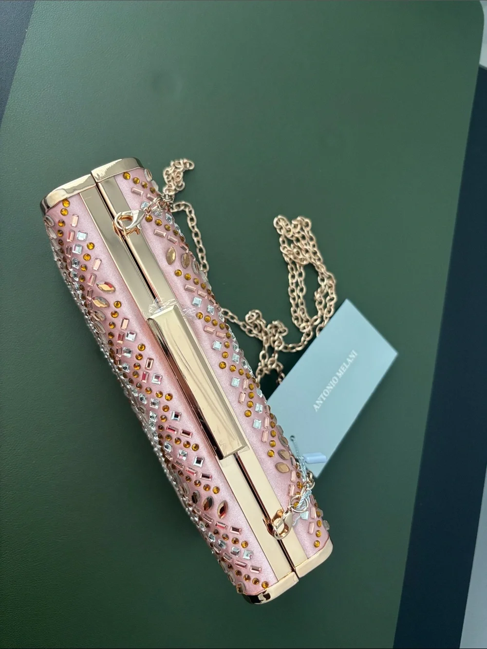 ANTONIO MELANI Pink Jeweled Evening Clutch with Gold Chain